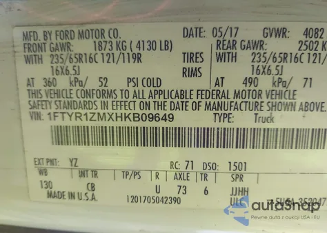 2017 Ford Transit-250 from USA, damaged, VIN 1FTYR1ZMXHKB09649